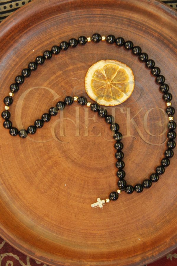 Деметра католицькі чотки на 54 намистини з турмаліну чорного, шерла з хрестиком